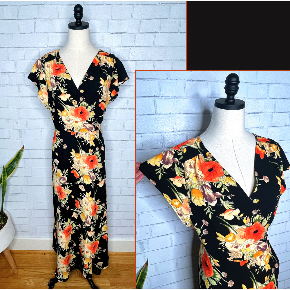 Anthropologie Dark Floral WRAP Midi "Home Spun Romance" Dress Black  L 10 12